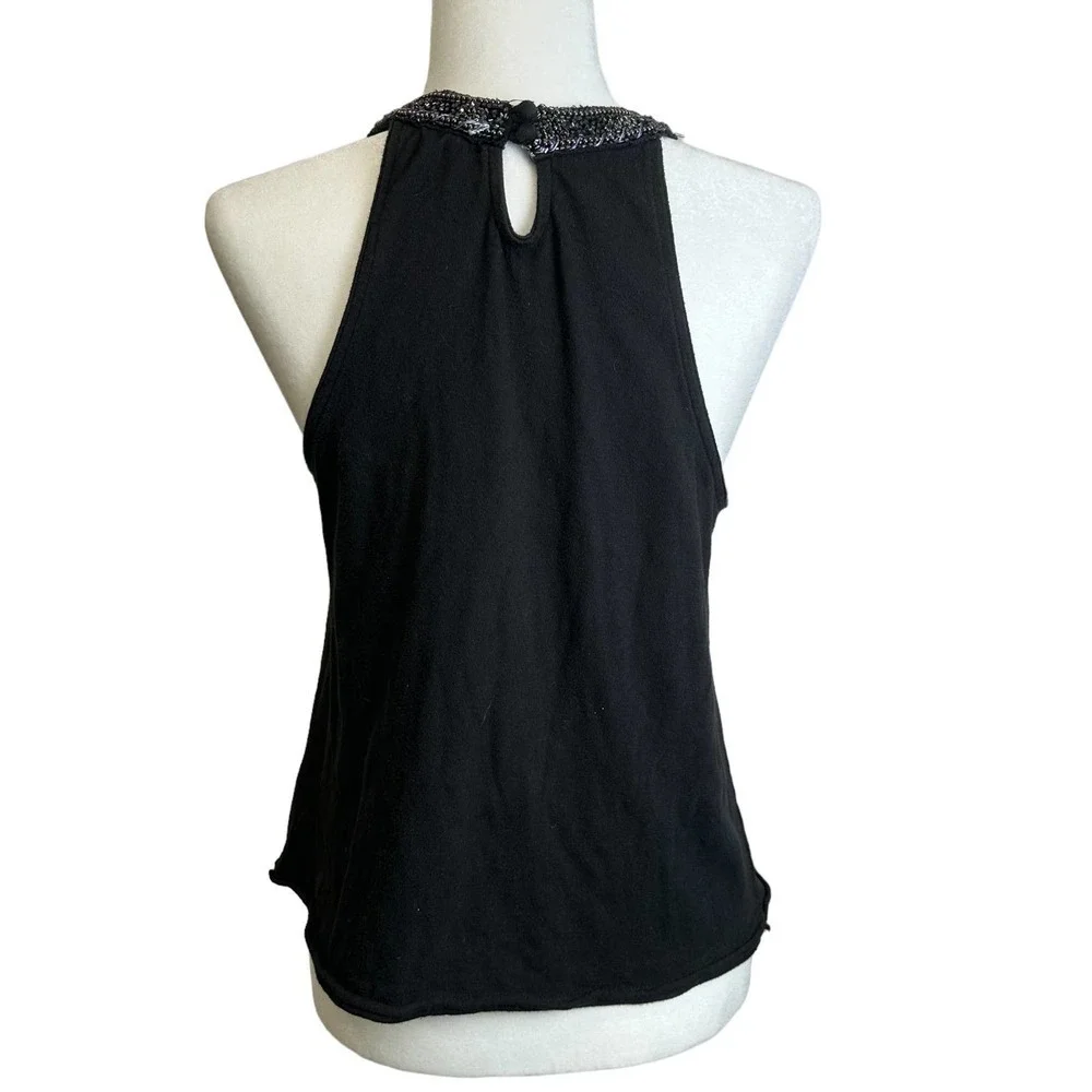 Free People Tank-Top Women’s SMALL‎ PETITE Top Halter Beaded Black Sleeveless
